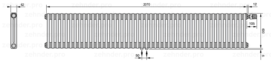 Схема (чертеж) Радиатор Zehnder Charleston 2060/45 №V008 Белый глянцевый RAL 9016